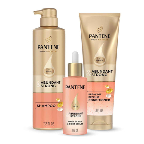 Pantene Abundant & Strong 3-Piece Regimen with B5 Complex + Niacinamide, Shampoo (13.5 oz), Conditioner (8 oz), Serum (2 oz) for Hair Loss, Thinning, Anti-Breakage, Volume - Grows Healthier