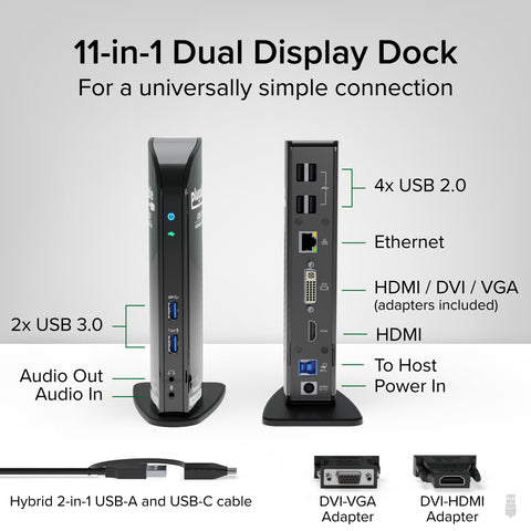 Plugable USB 3.0 Universal Laptop Docking Station Dual HDMI Monitor for Windows and Mac, USB 3.0 or USB-C, (Dual Video: HDMI and HDMI/DVI/VGA, Gigabit Ethernet, Audio, 6 USB Ports)