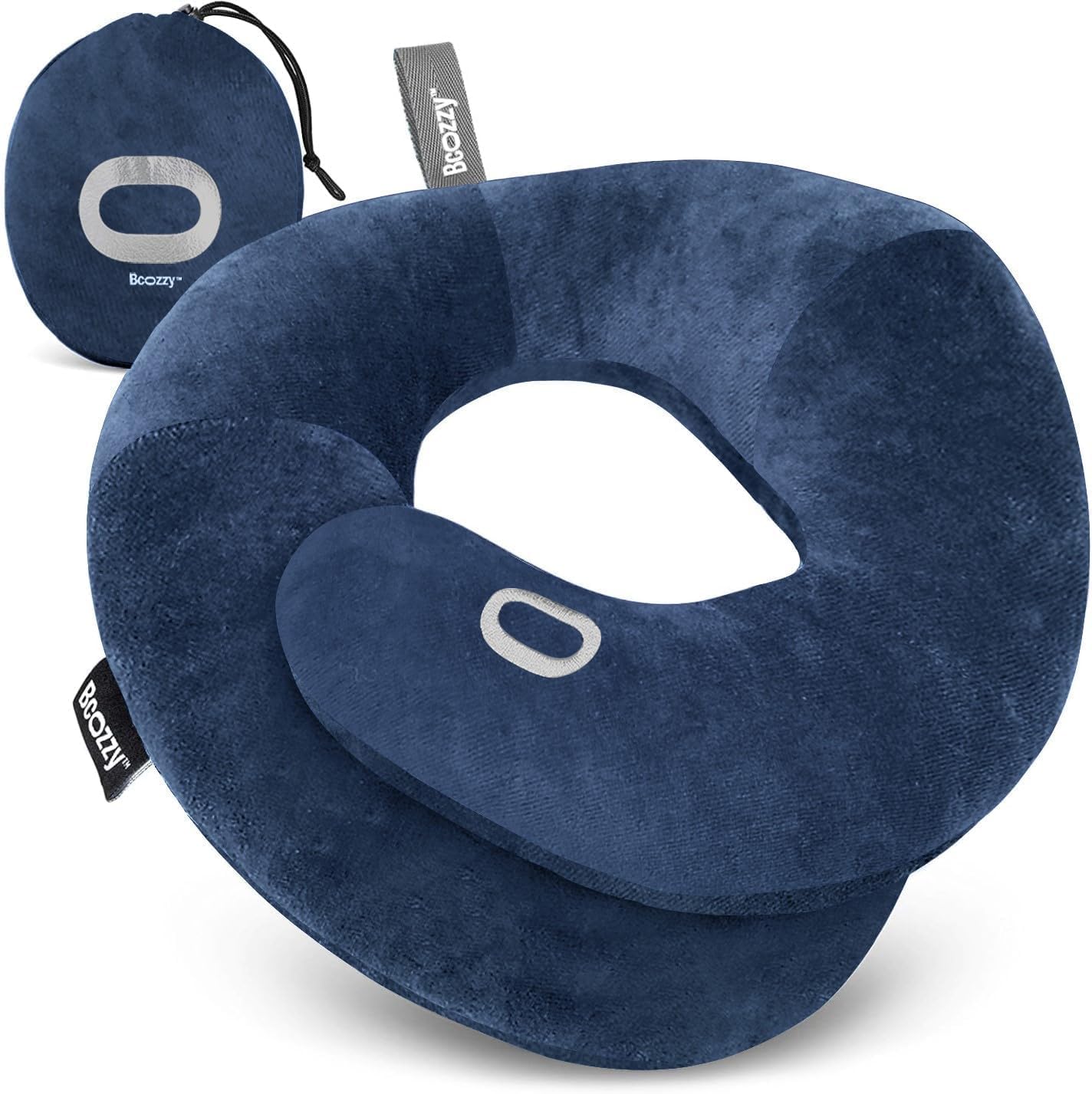 BCOZZY Organic Cotton Travel Neck Pillow for Airplane - Patented Double Support for Head, Neck & Chin. Soft, Adjustable for Comfortable Resting on Flights, Car Rides & Recliners. Washable, Large, Navy