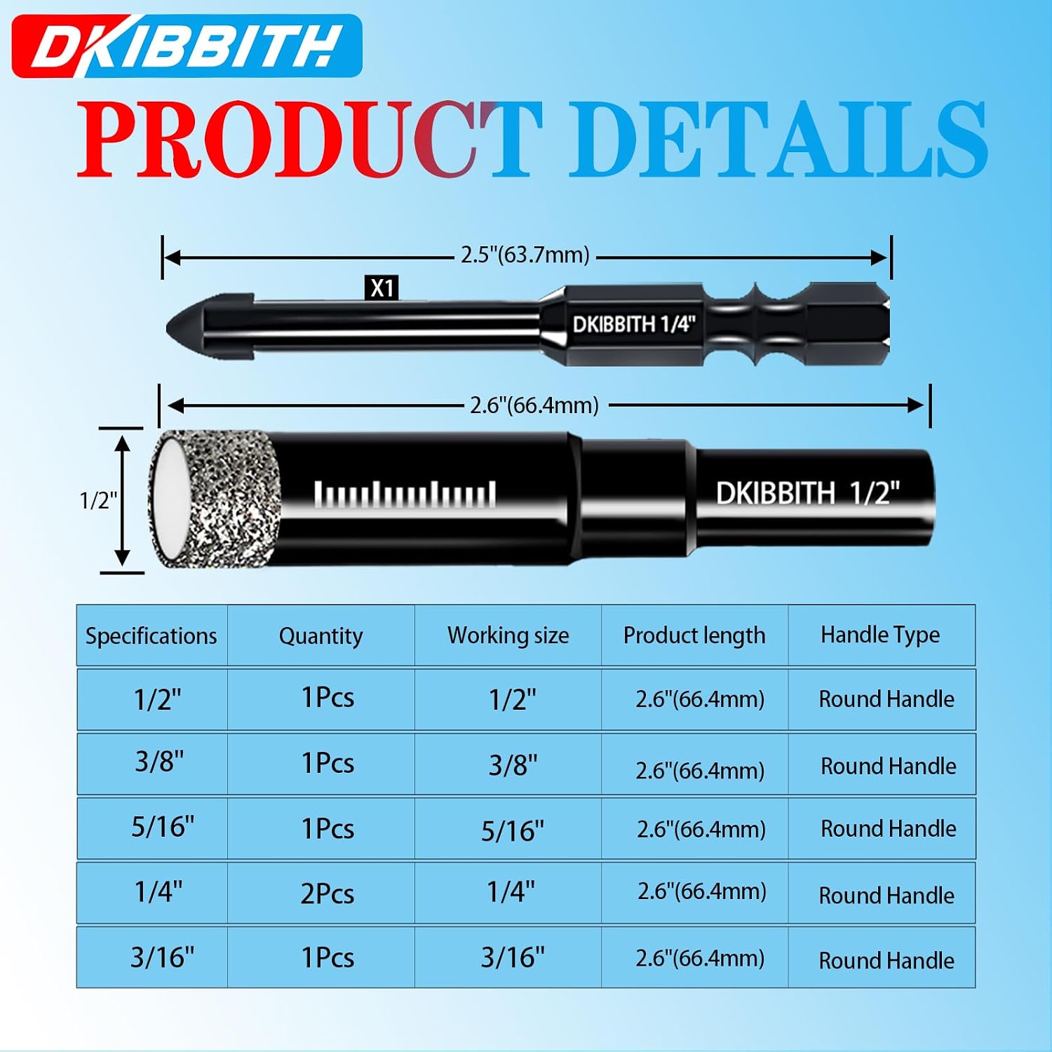 DKIBBITH 7 Pack Dry Diamond Drill Bits & Tile Drill Bits Set for Ceramic, Porcelain, Marble, Granite, Stone, Glass - Round Shank 3/16", 1/4"(x2), 5/16", 3/8", 1/2"+1 Pack Drill Bit 1/4"