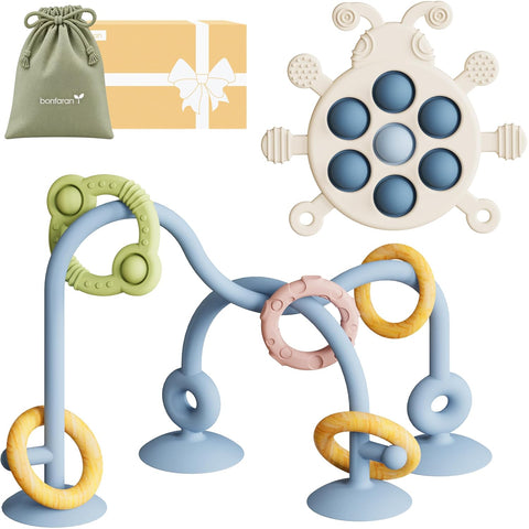 High Chair Suction Cup Toy & Teething Toy Set, Sensory Toy [Sky Blue]
