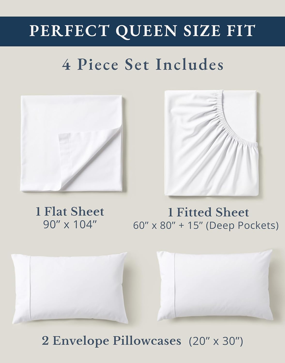 LANE LINEN Queen Sheets 100% Organic Cotton 4pc Percale Cooling - White