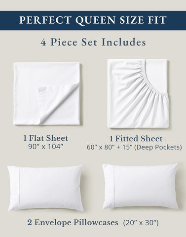 LANE LINEN Queen Sheets 100% Organic Cotton 4pc Percale Cooling - White