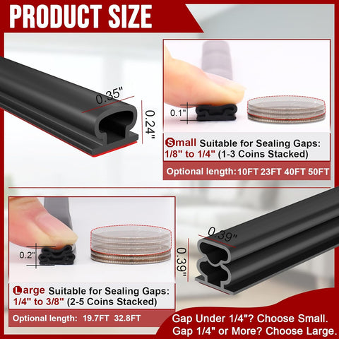 alophoty Door Weather Stripping Door Seal Strip, 33Ft, Black, 0.39"×0.39"