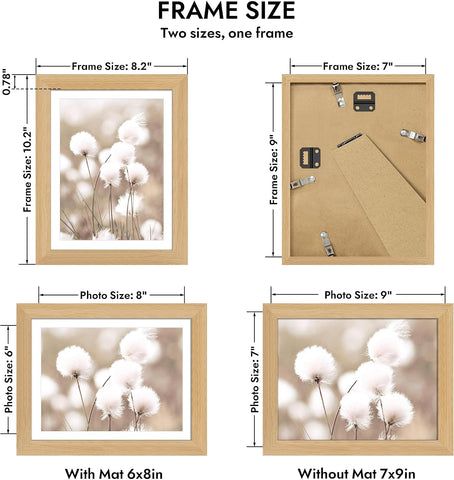 Hongkee 7x9 Oak Wood Picture Frame 1 Pack(Matted 6x8) with Real Glass Cover