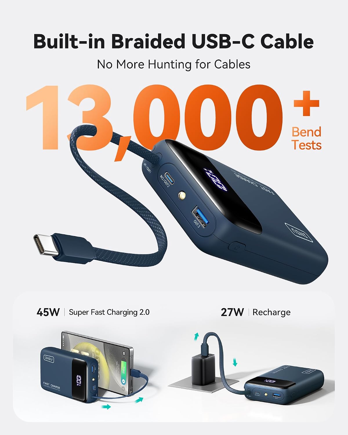 INIU Portable Charger, Smaller 45W Fast Charging Power Bank, 20000mAh Blue