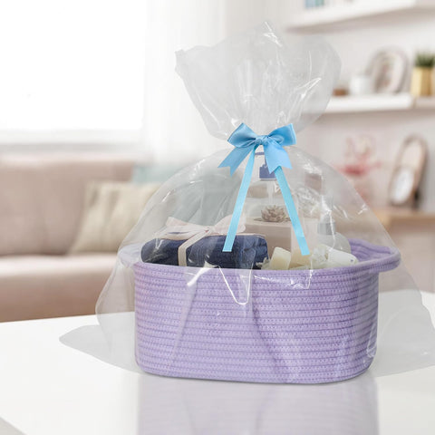 MEGASKET Purple Woven Basket, 13.5” x 10” x 6” Purple Empty Gift Basket to Fill, Decorative Cotton Rope Storage Bin for Organizing, Cute Baby Nursery Organizer, Rectangle Dog Toy Bin, Room Decor