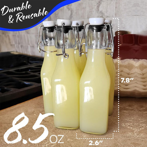 Nevlers 8.5 Oz Square Clear Swing Top Glass Bottles with Lids 12 Pack