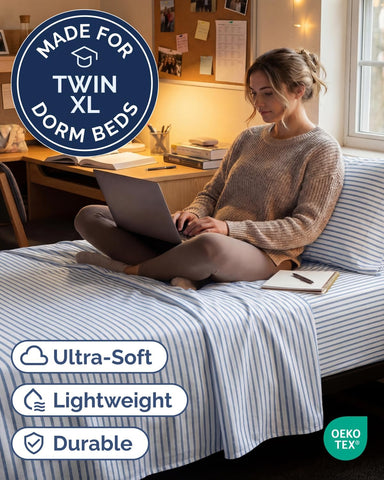 Twin XL 3 Piece Sheet Set - College Dorm Room Essentials - Blue Stripes
