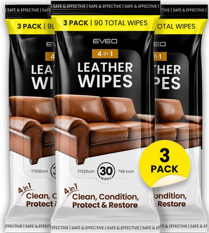 EVEO Leather Cleaner Wipes 4-in-1 Leather Cleaner and Conditioner for Furniture - 3 Pack (90 Total) Leather Couch Cleaner, Car, Shoes & Purses – UV Protection, XL Moistened Wipes Restore & Protect