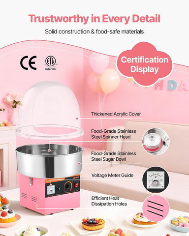 VEVOR Electric Cotton Candy Machine, 1000W Commercial Floss Maker With Cover, Commercial Cotton Candy Machine w/Stainless Steel Bowl & Sugar Scoop, Ideal for Carnival, Birthday, Family Party, Pink