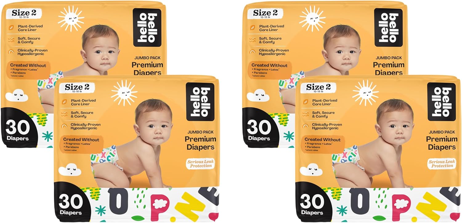 Hello Bello Diapers Size 2 | Extra-Absorbent | Hypoallergenic | Alphabet Soup | 120 Count, Pack of 4