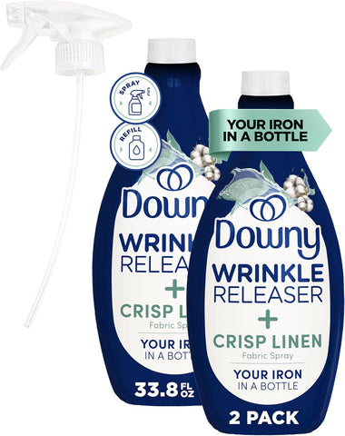Downy Wrinkle Releaser Spray, All In One Formula, Removes Wrinkles, Static and Odor Eliminator, Crisp Linen Scent, 33.8 Fl Oz, Pack of 2 (Packaging May Vary)