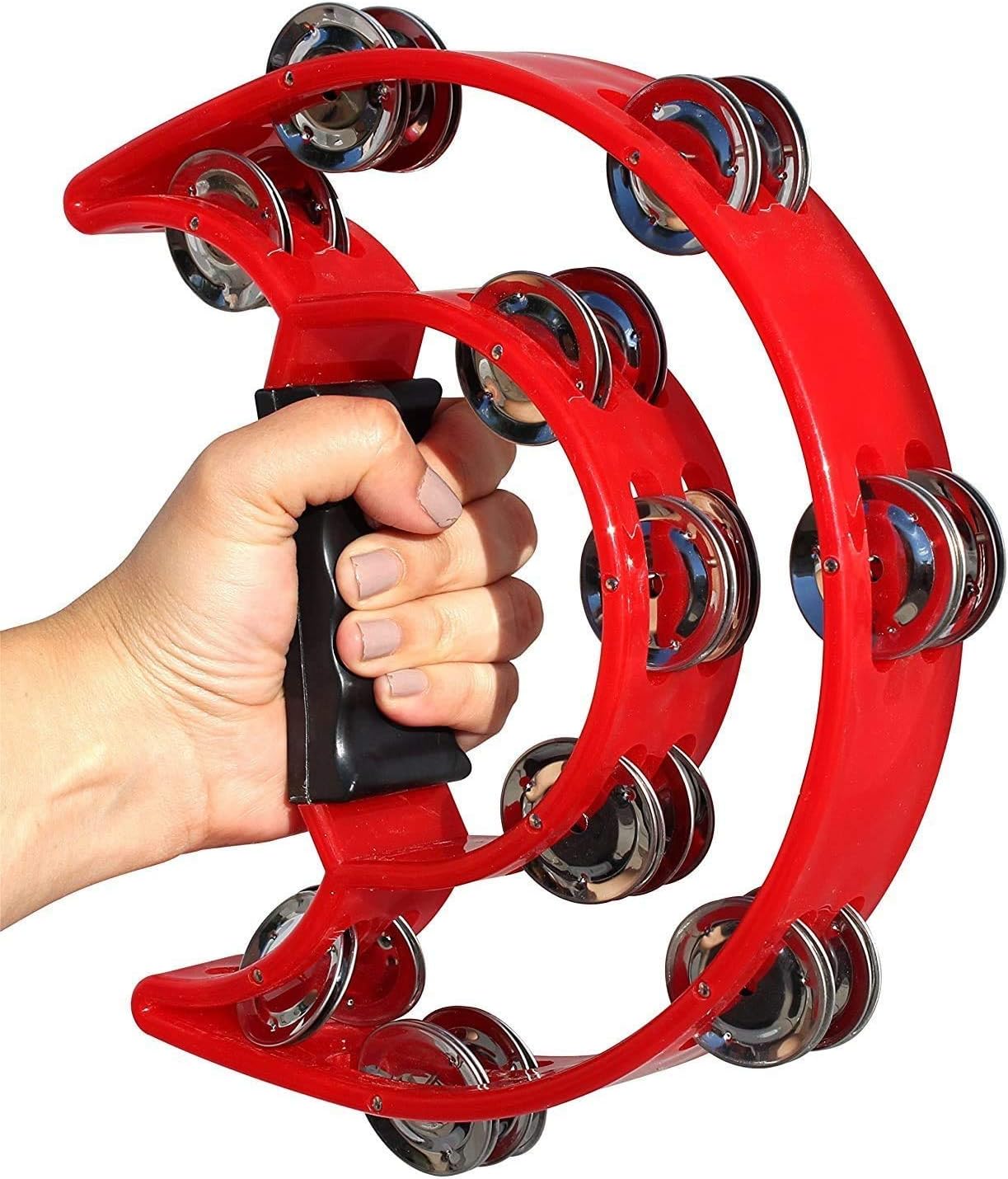 EastRock Double Row Tambourine Red Hand Held Percussion Half Moon for adult