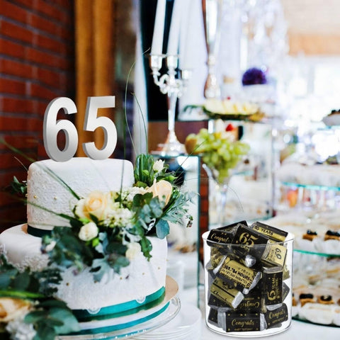 Tenare 90 Pcs 65th Birthday Candy Wrappers, Black and Gold Stickers
