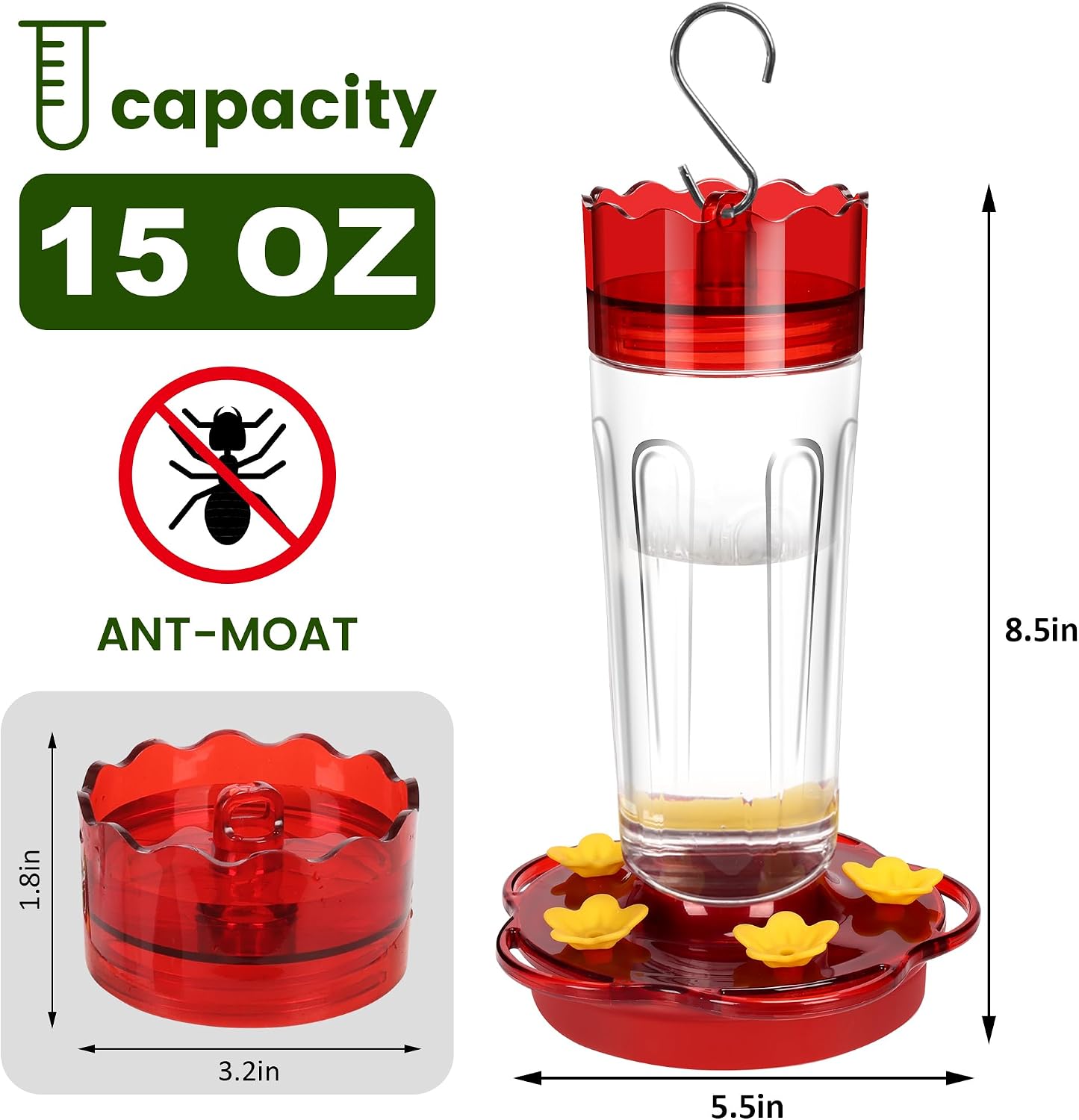 2 Pack Plastic Hummingbird Feeders for Outdoors Hanging Ant and Bee Proof,15 Ounces Red Hummingbird Feeder with 5 Feeding Ports and Perches, Built-in Ant Moat, Outside Garden Décor (Plastic, 2)