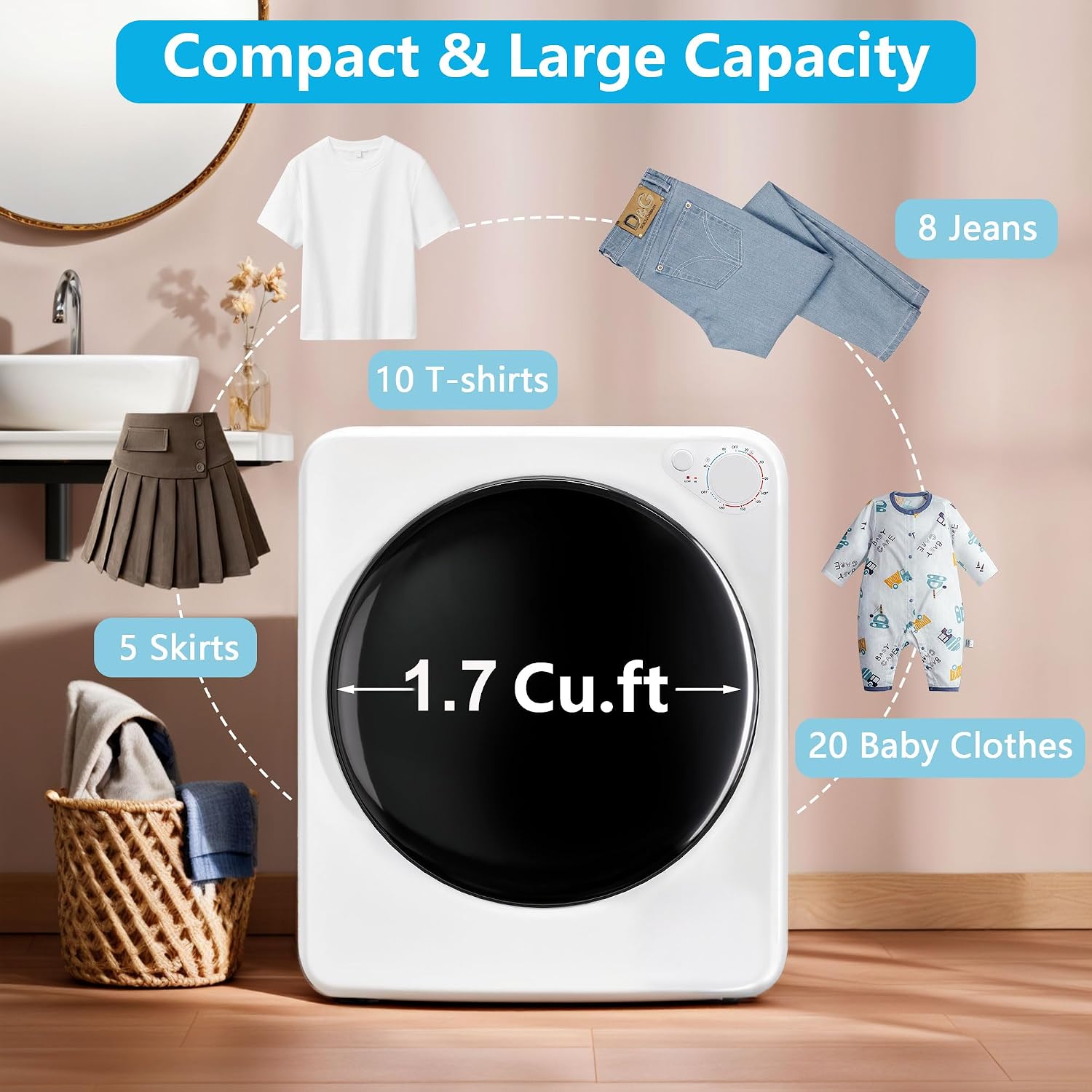 1.7 Cu.Ft Portable Clothes Dryer, 5 Drying Modes & Control Knob
