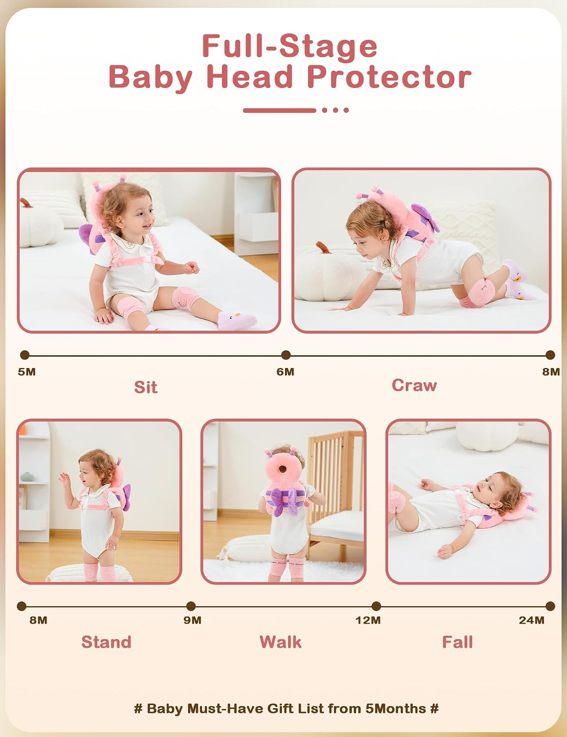 JunNeng Baby Head Protector Backpack for Walking Crawling, Pink Butterfly