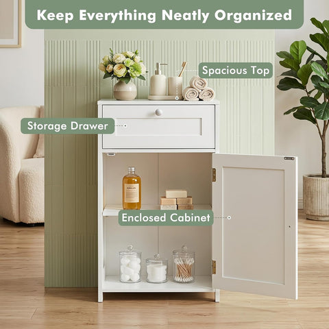 GIANTEX Floor Bathroom Storage Cabinet with Door and Drawer (White)