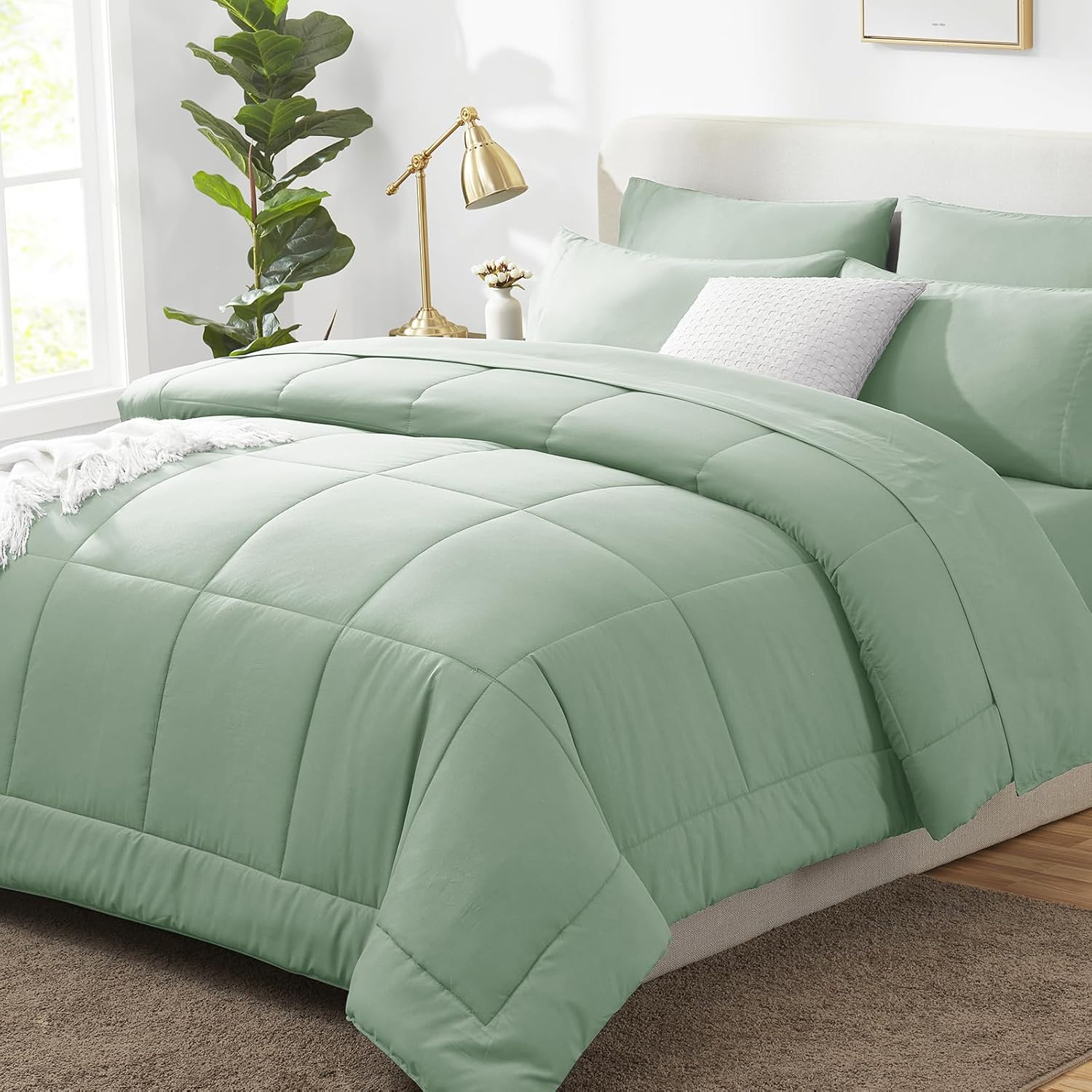 CozyLux Full Size Comforter Sets Sage Green - 7 Pieces Bed in a Bag