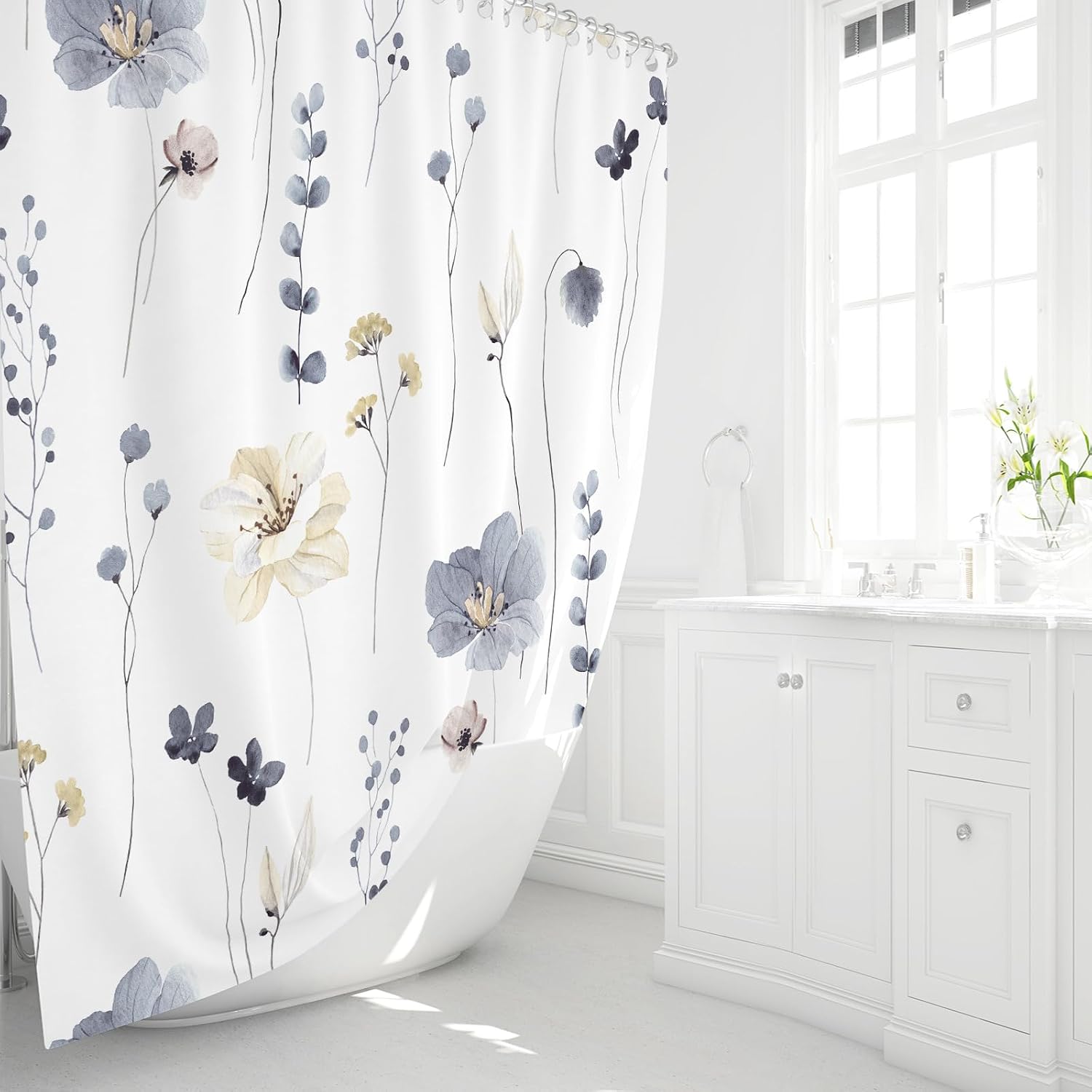 Gibelle Grey Beige Watercolor Floral Fabric Shower Curtain, 72x72