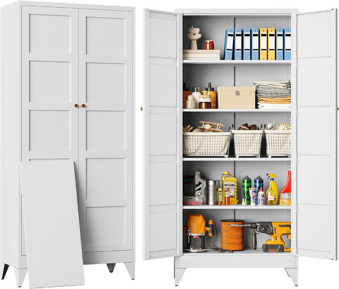 SISESOL Pantry Storages Cabinet with 2 Doors and 5 Shelves,Tall Storage Cabinet,Large Cupboard Closet,Metal Storage Cabinet for Home,Bathroom,Dining/Living Room (White, 71" H)