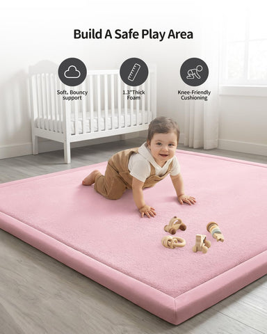 Goyuu Ultra Soft 1.3" Thick Baby Play Mat for Floor, 50x50 Playpen Mat Elasti-Foam Padded Crawling Mat for Babies, Toddlers, Infant, Kids, Non-Slip Backing Safe for Tummy Time Pink