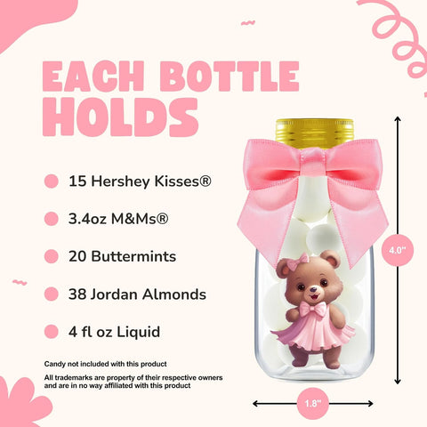 Ethisa Small 12 Pack We Can Bearly Wait Party Favors for Girl - Candy Jars with Ribbon and Stickers - DIY Party Decoration Bottles for Baby Shower and Gender Reveal - Pink Teddy Bear Table Centerpiece