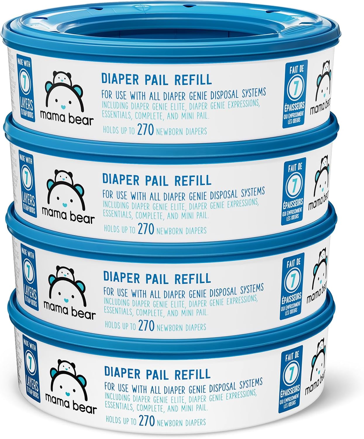 Amazon Brand-Mama Bear Round Diaper Pail Refills for Diaper Genie Pails, Odor Control, Unscented, 1080 Count (4 Packs of 270 Count), Compatible with Diaper Genie Complete, Elite and Expressions Pails