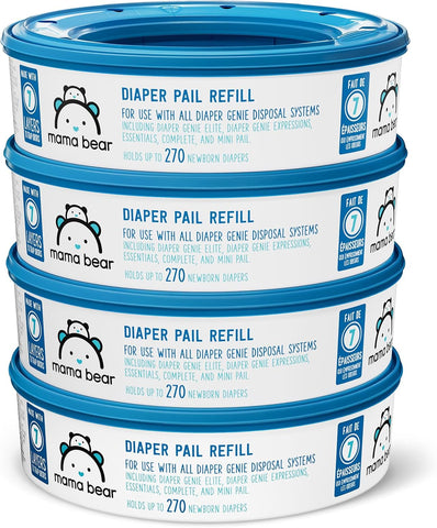 Amazon Brand-Mama Bear Round Diaper Pail Refills for Diaper Genie Pails, Odor Control, Unscented, 1080 Count (4 Packs of 270 Count), Compatible with Diaper Genie Complete, Elite and Expressions Pails