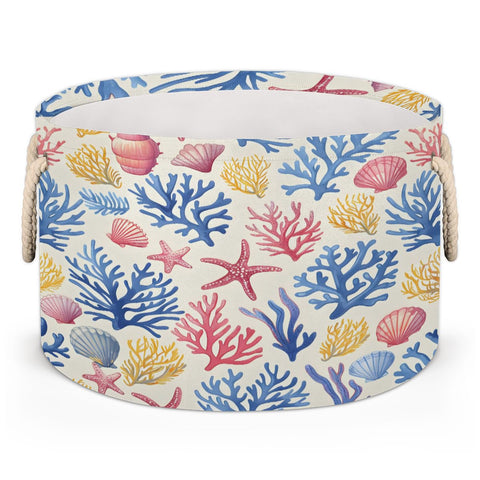 Ioracida Beach Theme Round Storage Basket, Blanket Basket for Living Room, 19.4" x 13.3" Starfish Seashell Coral Coastal Baskets for Home Toy Closet Towels Pillows Clothes, Laundry Basket with Handles