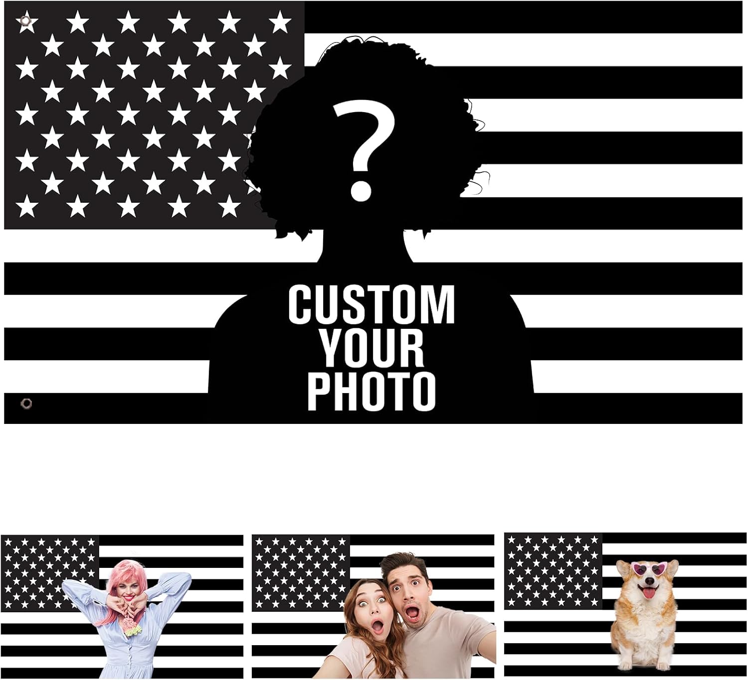 Custom Black and White American US Flag with Picture, Personalized Funny Flags with Face Image Logo Photo Text Single Sided Customized Flag Tapestry for Bedroom Dorm Room Decor Garden, 2x3 3x5 4x6 5x8 Ft