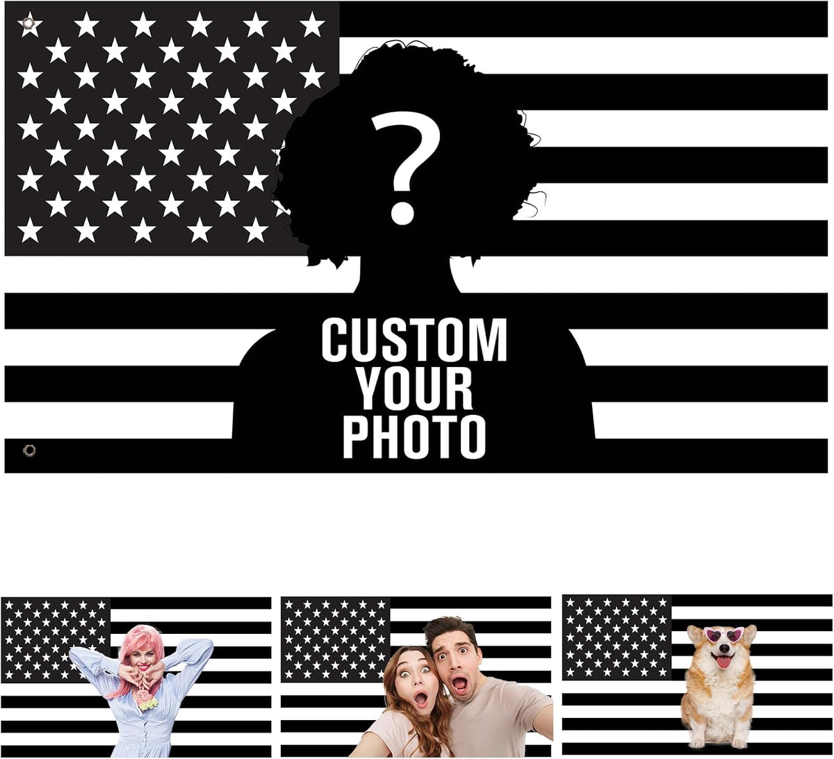 Custom Black and White American US Flag with Picture, Personalized Funny Flags with Face Image Logo Photo Text Single Sided Customized Flag Tapestry for Bedroom Dorm Room Decor Garden, 2x3 3x5 4x6 5x8 Ft