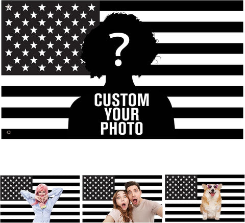 Custom Black and White American US Flag with Picture, Personalized Funny Flags with Face Image Logo Photo Text Single Sided Customized Flag Tapestry for Bedroom Dorm Room Decor Garden, 2x3 3x5 4x6 5x8 Ft