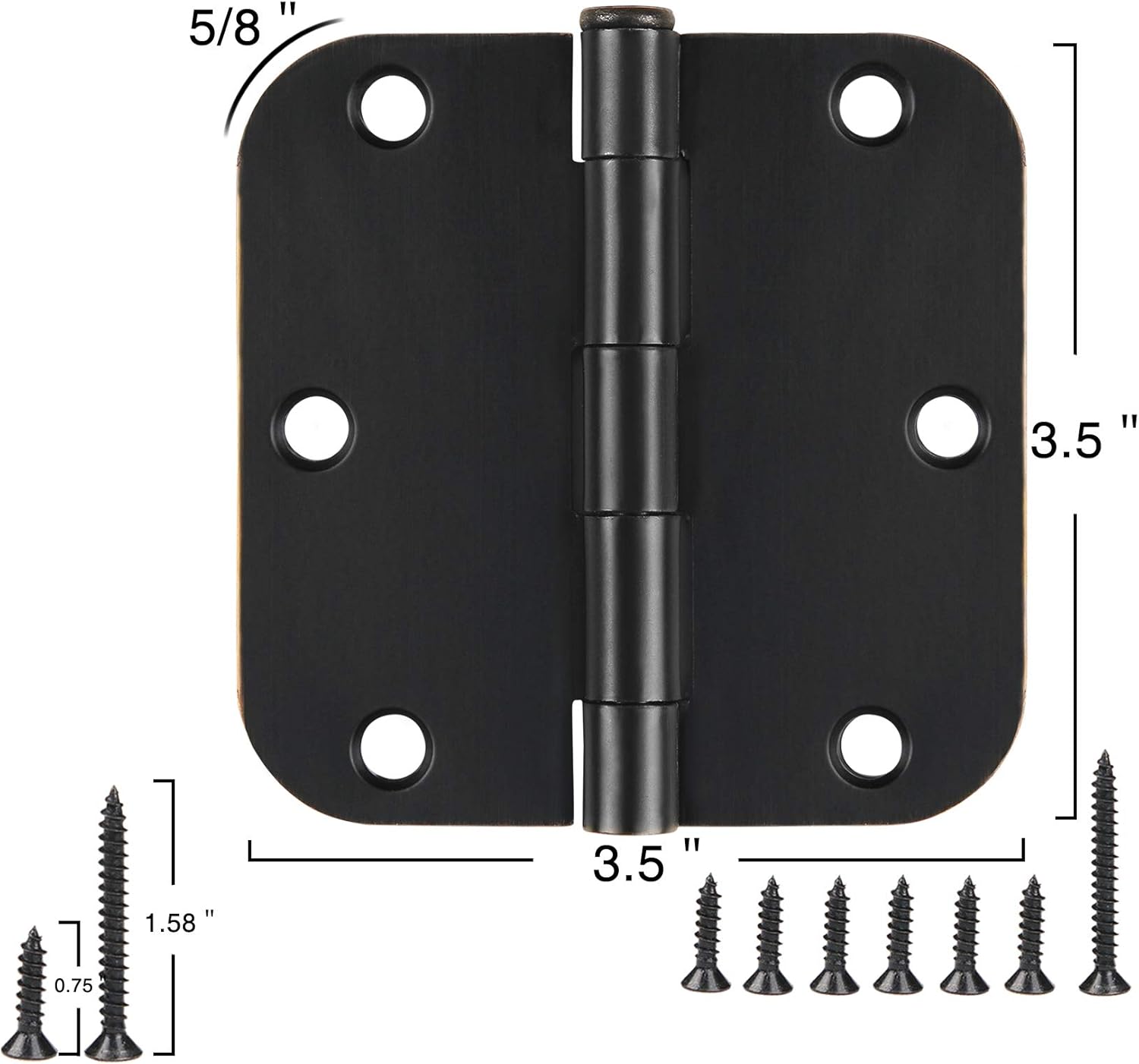 12 Pack Rounded Matte Black Door Hinges 3.5 Inch with 5/8" Radius Corners