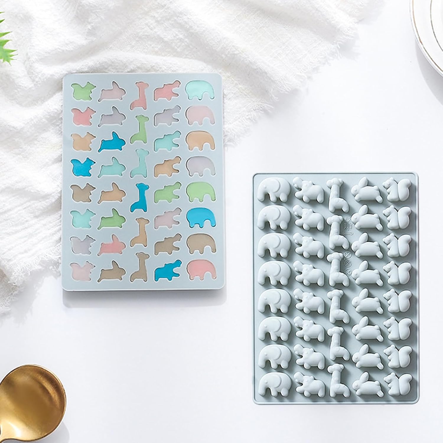 2PCS 38-Cavity Silicone Mini Animal Theme Molds with Giraffe Elephant Hippo Squirrel Rabbit for Candy Chocolate Jello Cake Decoration