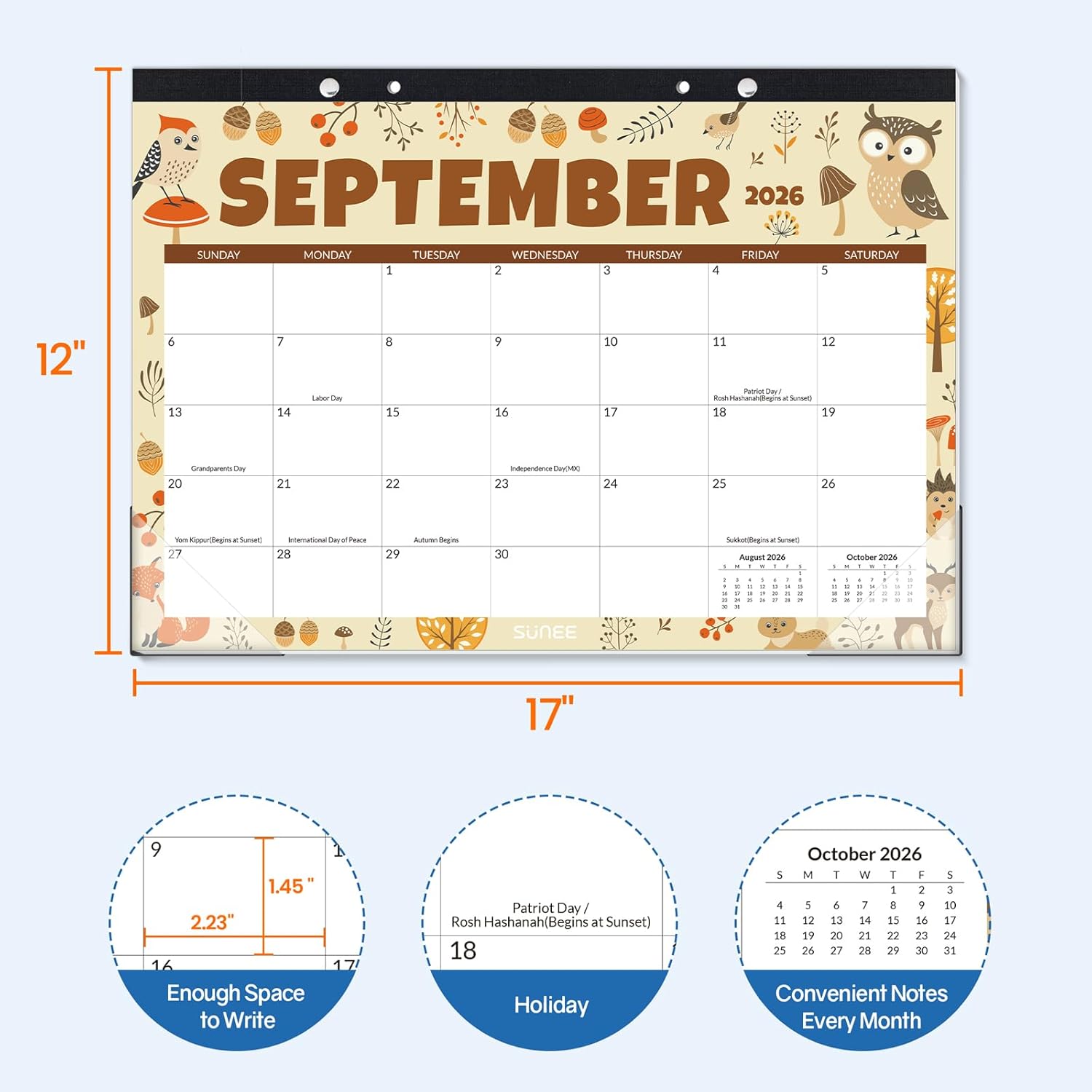 SUNEE Desk Calendar 2026-2027, 17" x 12", 18-Month Monthly Desk Calendar from Jul. 2026 - Dec. 2027, Academic Desk Calendar for Teacher, School, Seasons Color