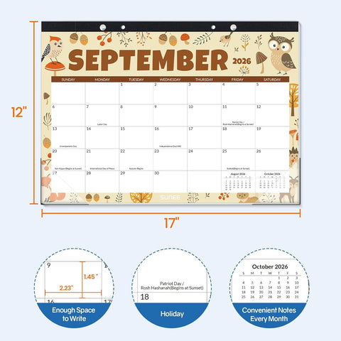SUNEE Desk Calendar 2026-2027, 17" x 12", 18-Month Monthly Desk Calendar from Jul. 2026 - Dec. 2027, Academic Desk Calendar for Teacher, School, Seasons Color