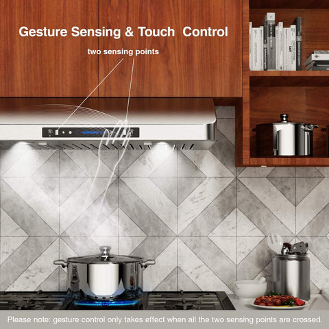 IKTCH 36 Inch Under Cabinet Range Hood with 900-CFM, 4 Speed Gesture Sensing&Touch Control Panel, Stainless Steel Kitchen Vent with 3 Pcs Baffle Filters(IKC01-36)