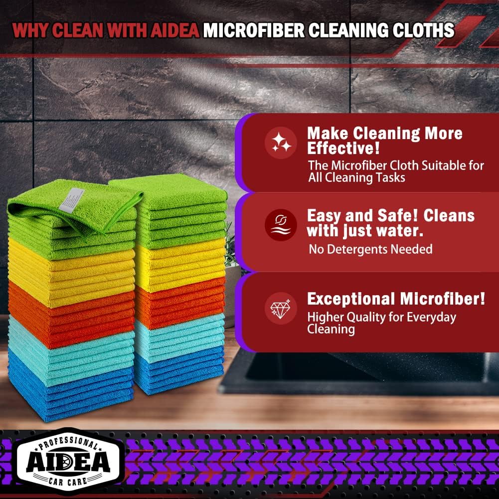 AIDEA Microfiber Cleaning Cloth-50PK, Microfiber Towels for Cars, 12"×12"