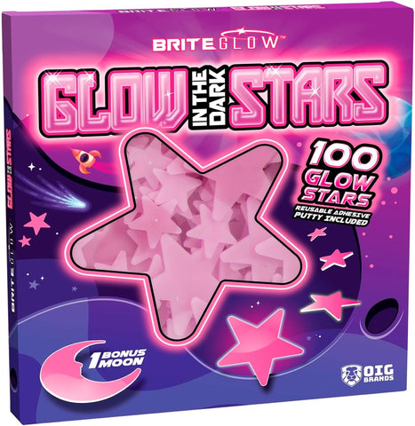 100PK Pink Glow in The Dark Stars for Ceiling Easter Basket Stuffers for Kids - Star Brite Plastic Glow Stars with Moon & Putty Ages 4,5,6,7,8,9,10,11,12 for Bedroom Space Night Light Room Non-Toxic