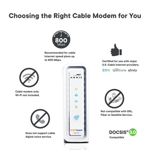 ARRIS SURFboard - SB6190 - Renewed - DOCSIS 3.0 32 x 8 Gigabit Cable Modem, Comcast Xfinity, Cox, Spectrum, 1 Gbps Port, 800 Mbps Max Speeds, Easy Set-up with SURFboard Central App - (Renewed)