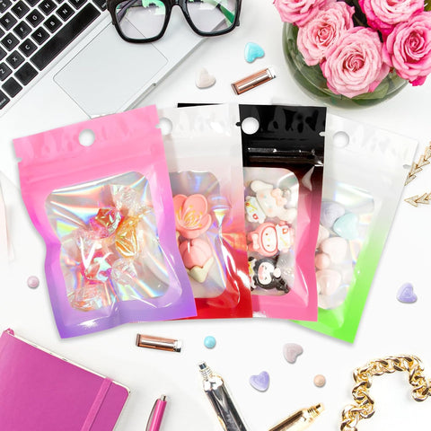 Funfery 100 Pc Black&Pink Color Mylar Holographic Bag Foil Zipper Clear Bag