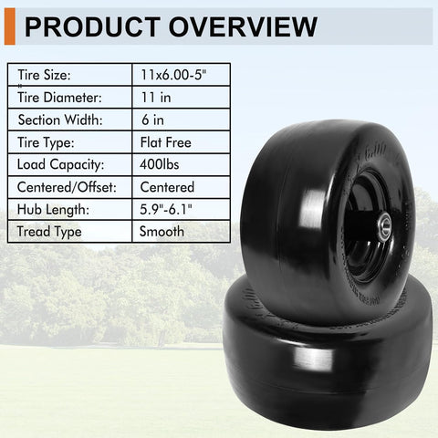 2 Pack 11x6.00-5 Flat Free Lawn Mower Tires & Wheel Assembly, Universal Fit, 5.9"-8.1" Centered Hub, 5/8" & 3/4" Bearings, Turf Tires for Lawn Mowers & Tractors