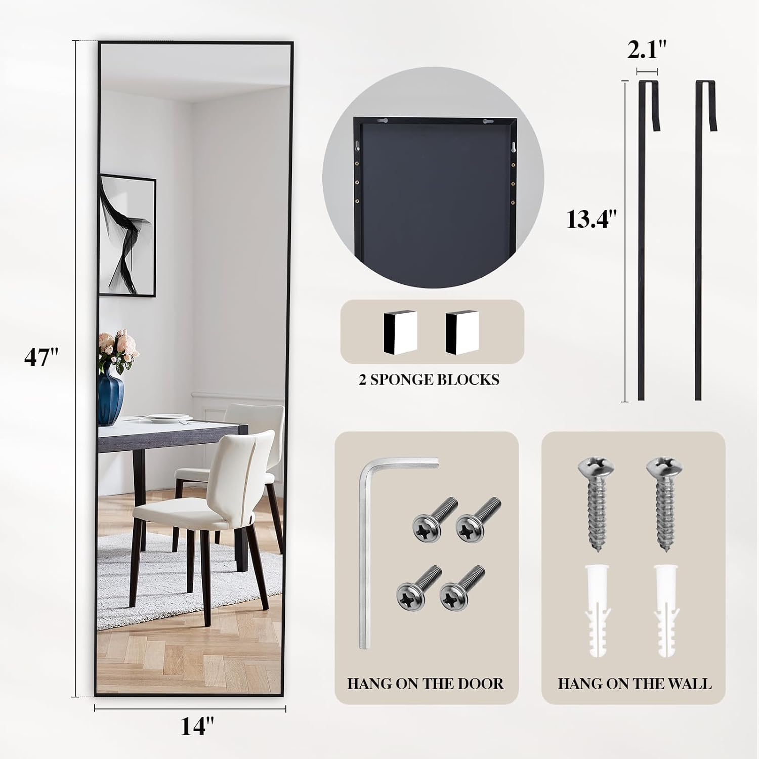 DUMOS 47"x14" Full Length Door Mirror, Full Body Door Mirror, Black