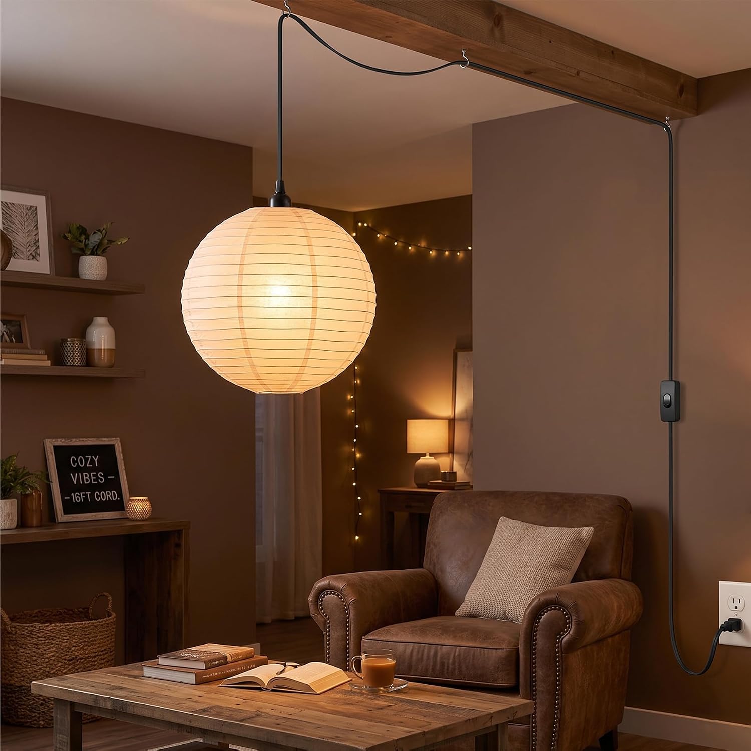 Plug in Pendant Light Cord - 16Ft Hanging Light Kit E26/E27 Light Socket Hanging Lantern Lamp Cord with On/Off Switch,Socket Rings, 2 Pack, Black