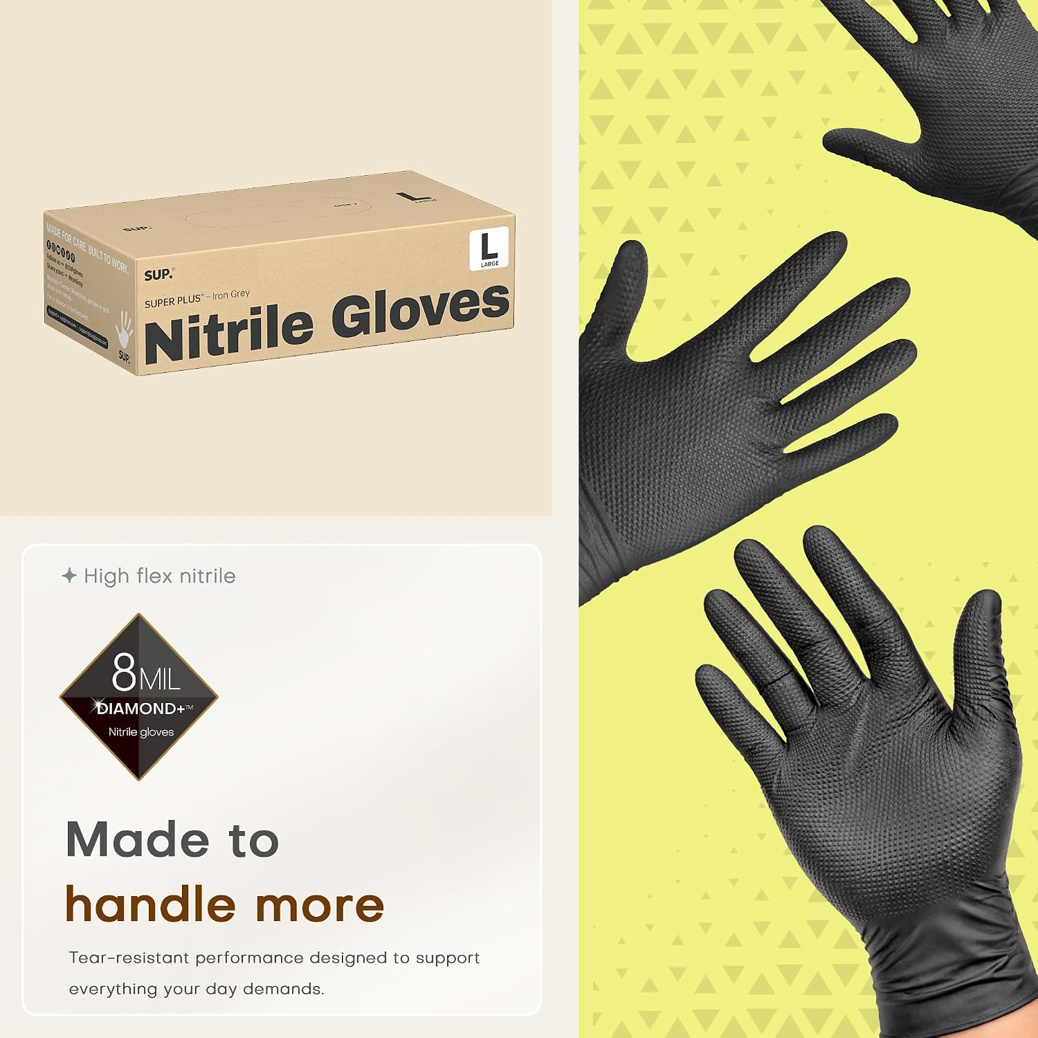 SUPER+ HEAVY DUTY Nitrile Gloves 8 Mil Diamond Texture Disposable Chemical Resistant Powder &Latex Free Food Safe Black 50 Ct