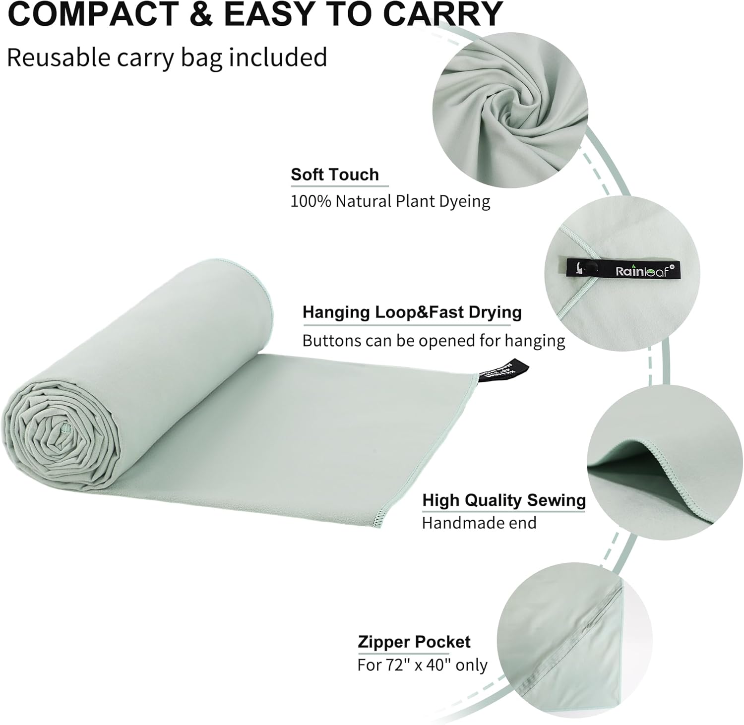 Rainleaf Microfiber Towel Quick Dry Camping & Travel & Gym Towel. Compact