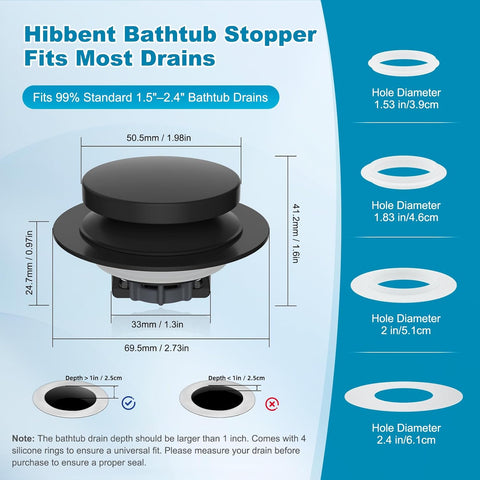 Hibbent 3 in 1 Metal Bathtub Drain Stopper, Universal Pop Up Tub Stopper