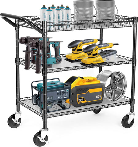 WDT Heavy Duty 3 Tier Utility Cart,Wire Rolling Cart with Wheels, Commercial Grade Service Cart with Shelving Liners and Handle Bar Metal Carts for Kitchen Office Hardware